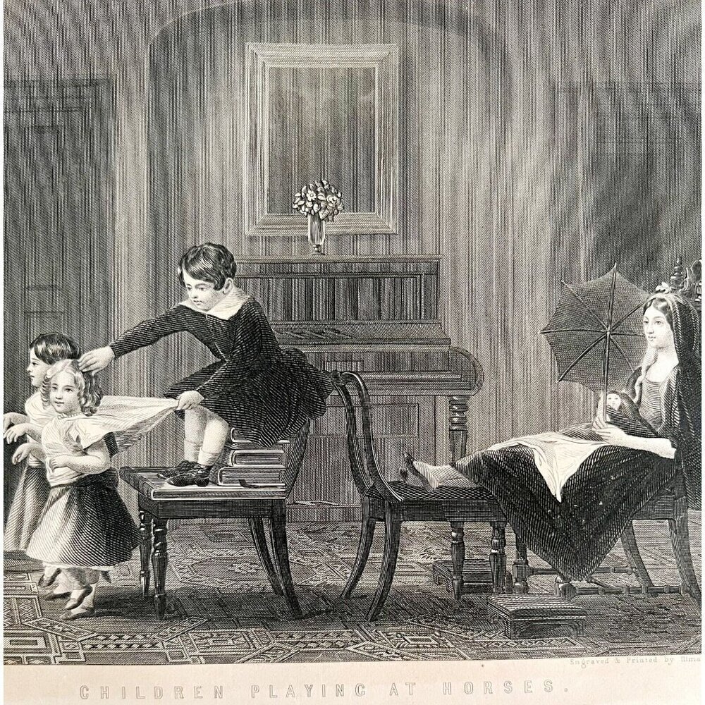 1859 Engraving Children Playing Horses Victorian Mother Children Art DWY5E
